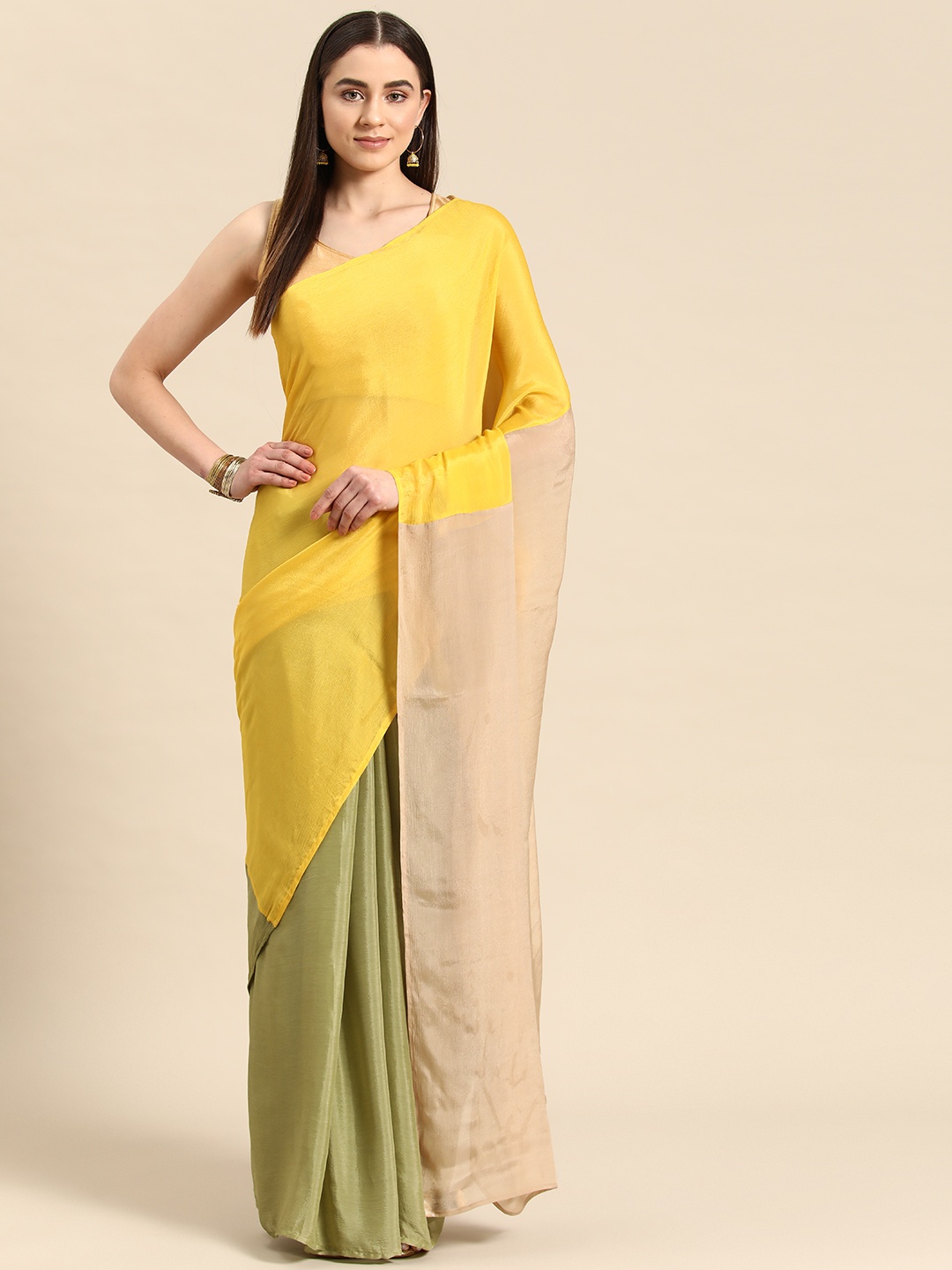 

Simaaya Colourblocked Poly Chiffon Half and Half Saree, Yellow