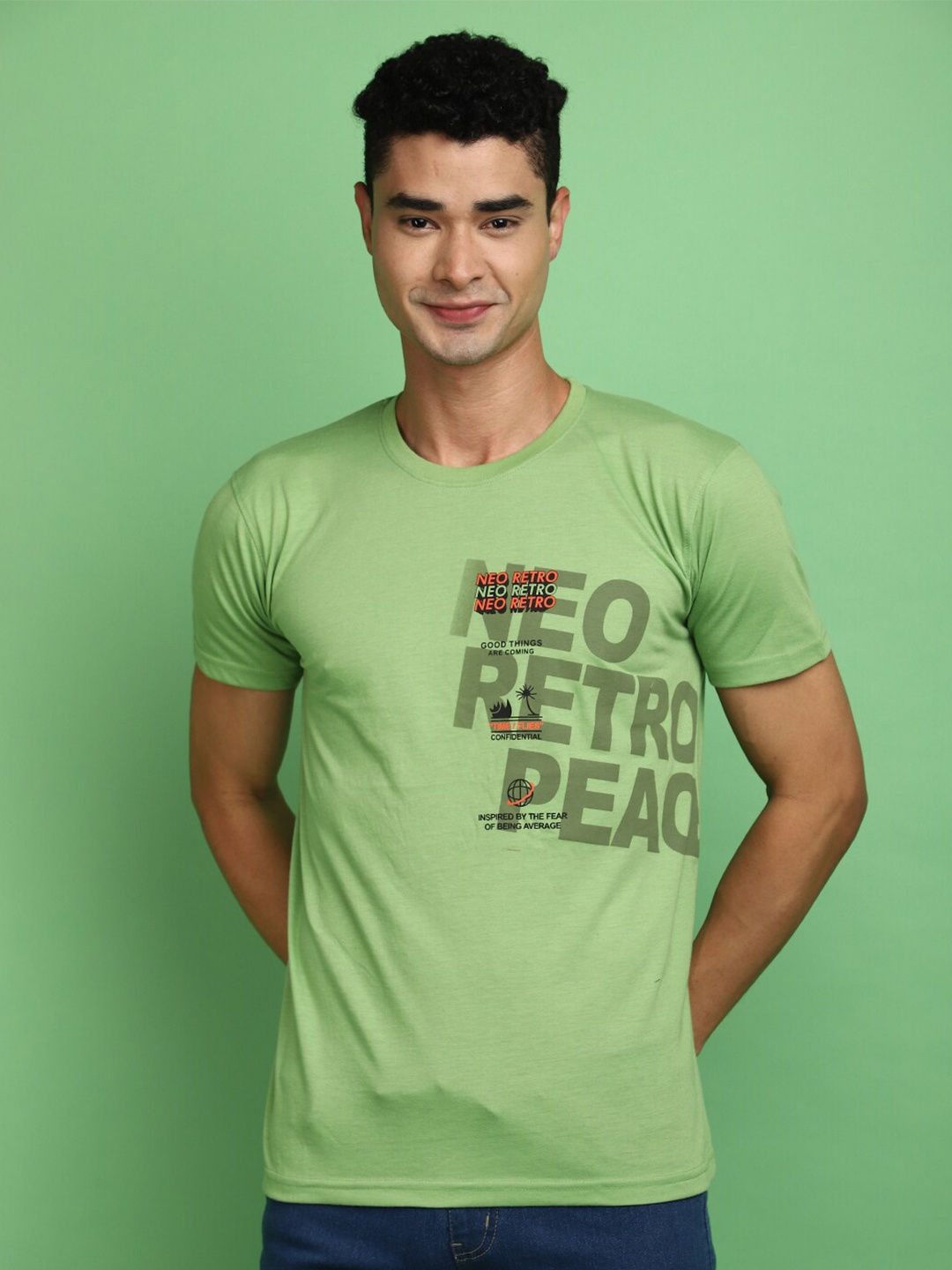 V-Mart Typography Printed Round Neck Short Sleeves Cotton T-shirt, Green