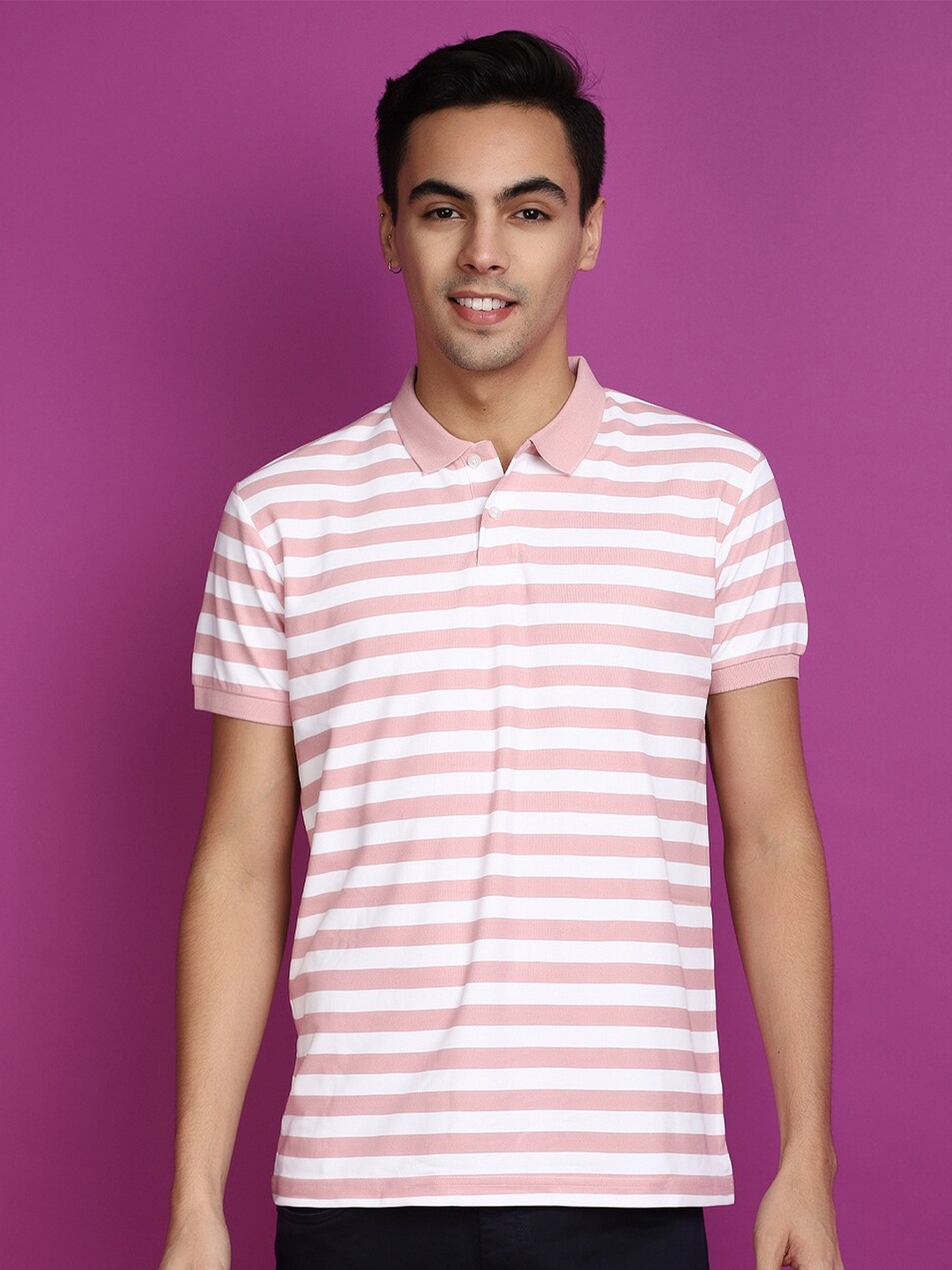 

V-Mart Striped Polo Collar Short Sleeves Slim Fit cotton T-shirt, Pink