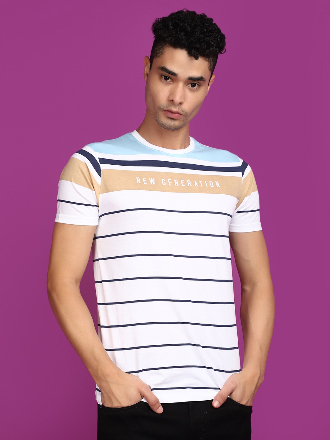 

V-Mart Striped printed Round Neck Short Sleeves Slim Fit T-shirt, White