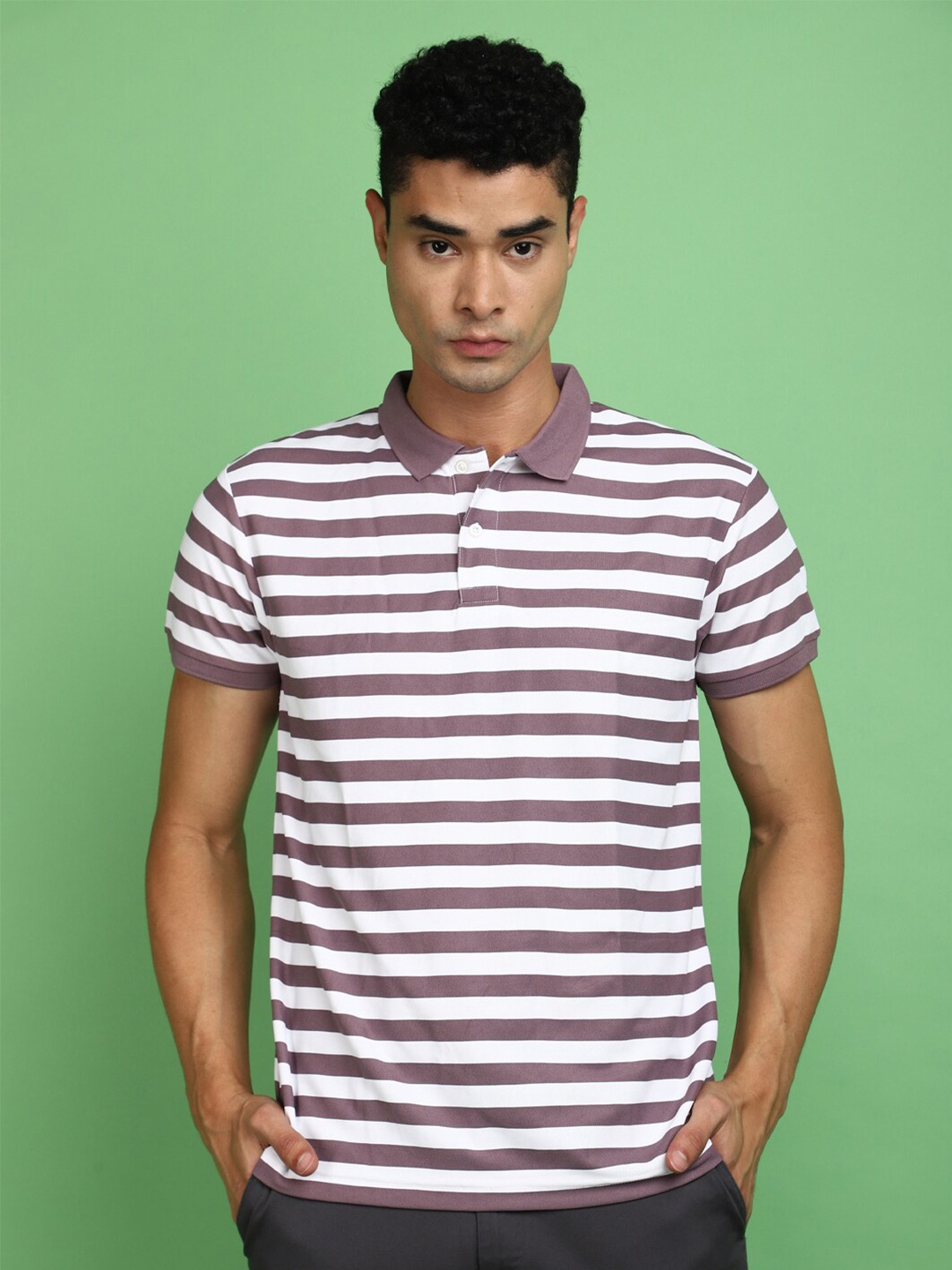 

V-Mart Striped Polo Collar Short Sleeves Slim Fit T-shirt, Purple