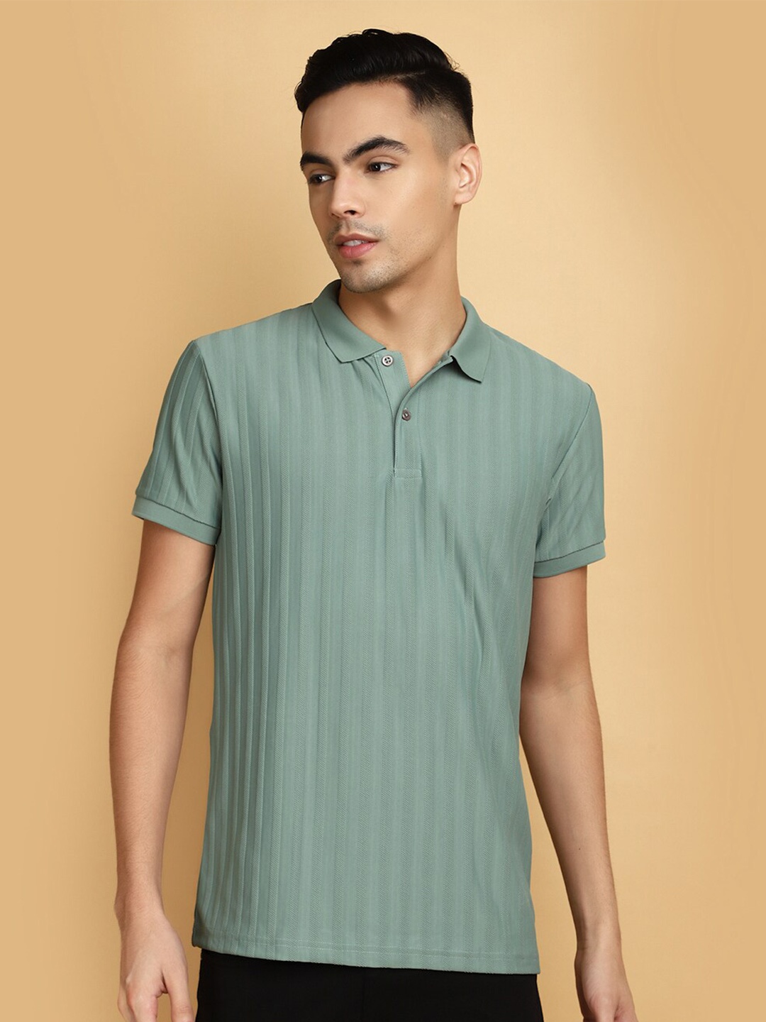 

V-Mart Striped Polo Collar Short Sleeves Slim Fit T-shirt, Green