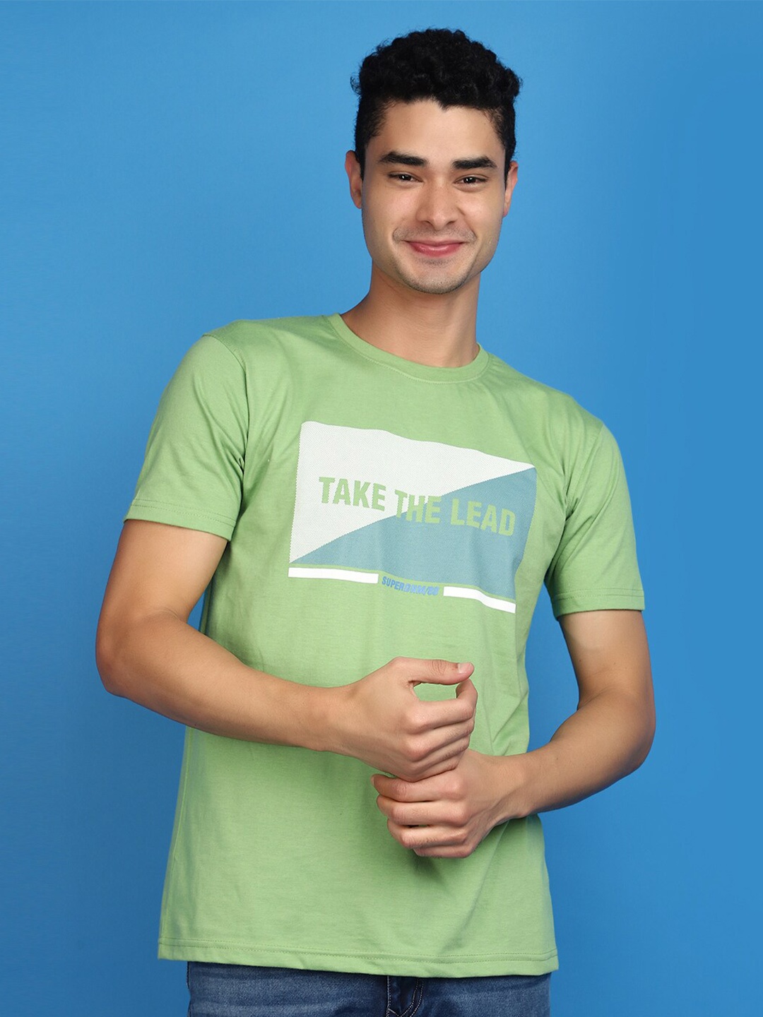 

V-Mart Round Neck Short Sleeves Typography Printed Cotton T-shirt, Green