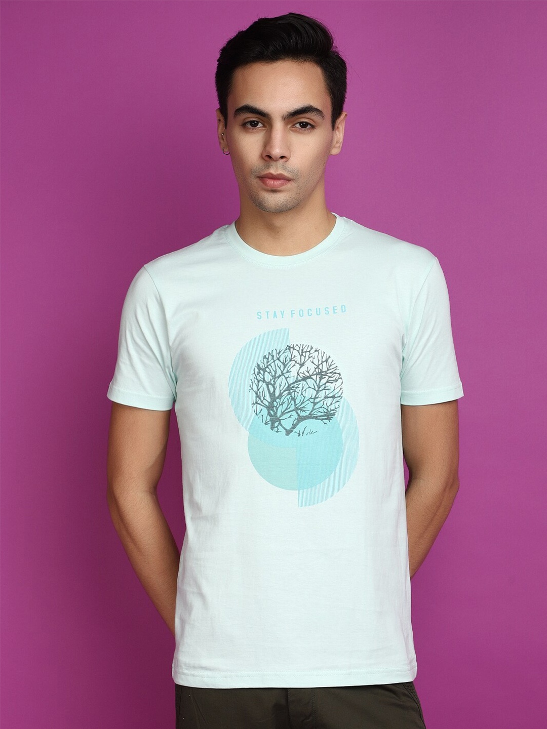 

V-Mart Round Neck Short Sleeves Printed Slim Fit Cotton T-shirt, Green