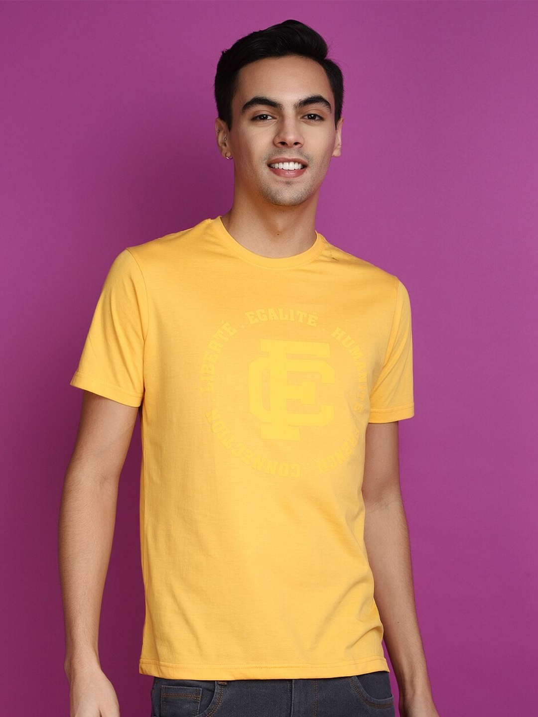 

V-Mart Typography Printed Round Neck Short Sleeves Cotton Slim Fit T-shirt, Yellow