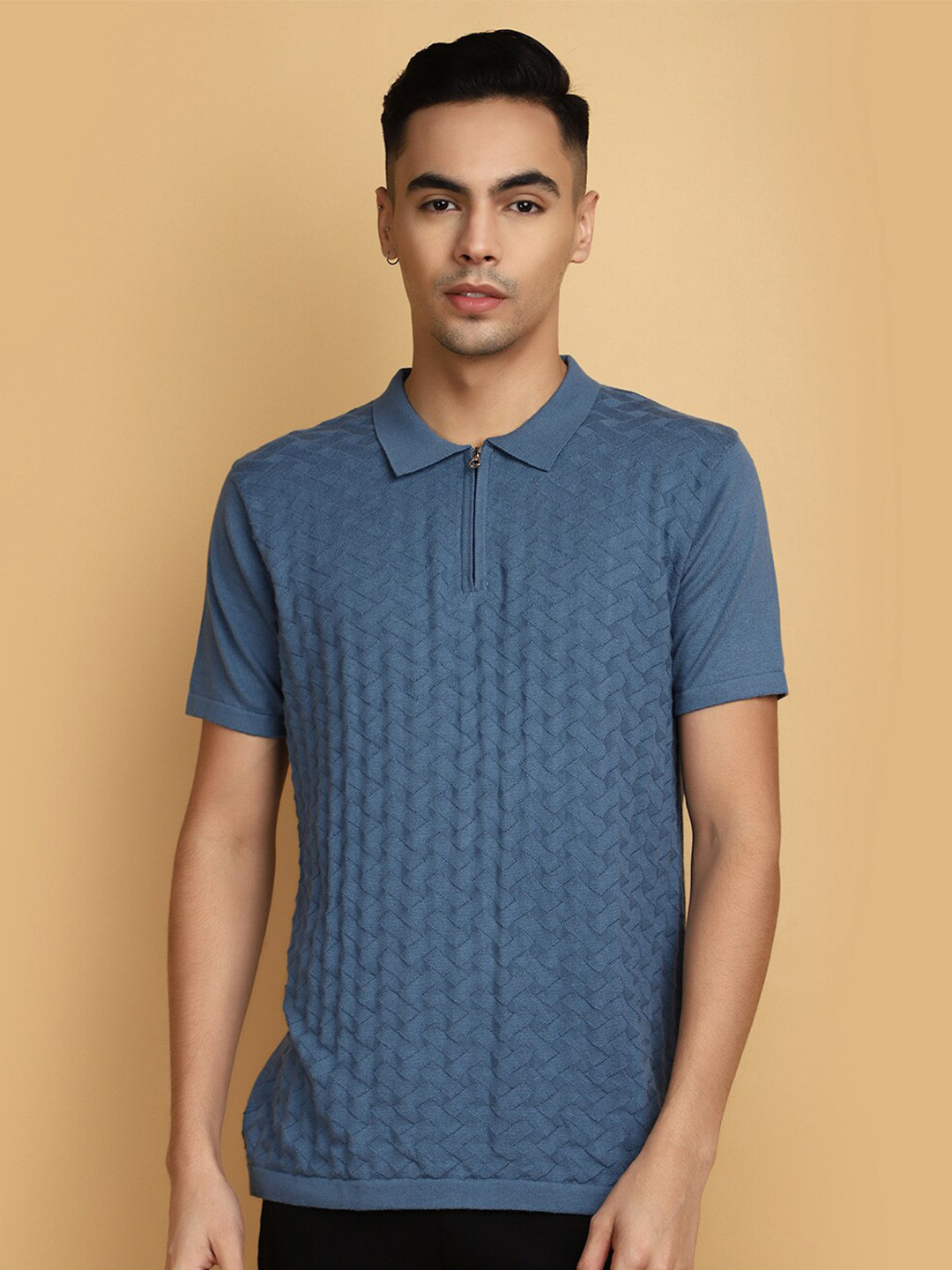 

V-Mart Self Design Polo Collar Short Sleeves Cotton Slim Fit T-shirt, Blue