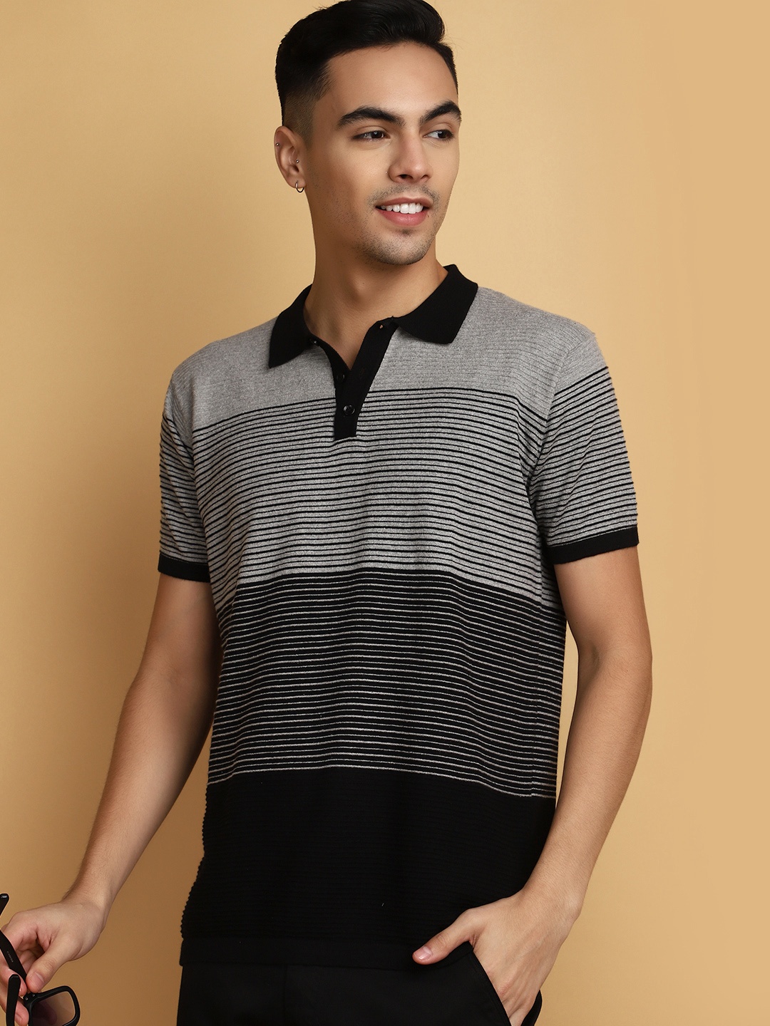 

V-Mart Striped Polo Collar Slim Fit Cotton T-shirt, Black