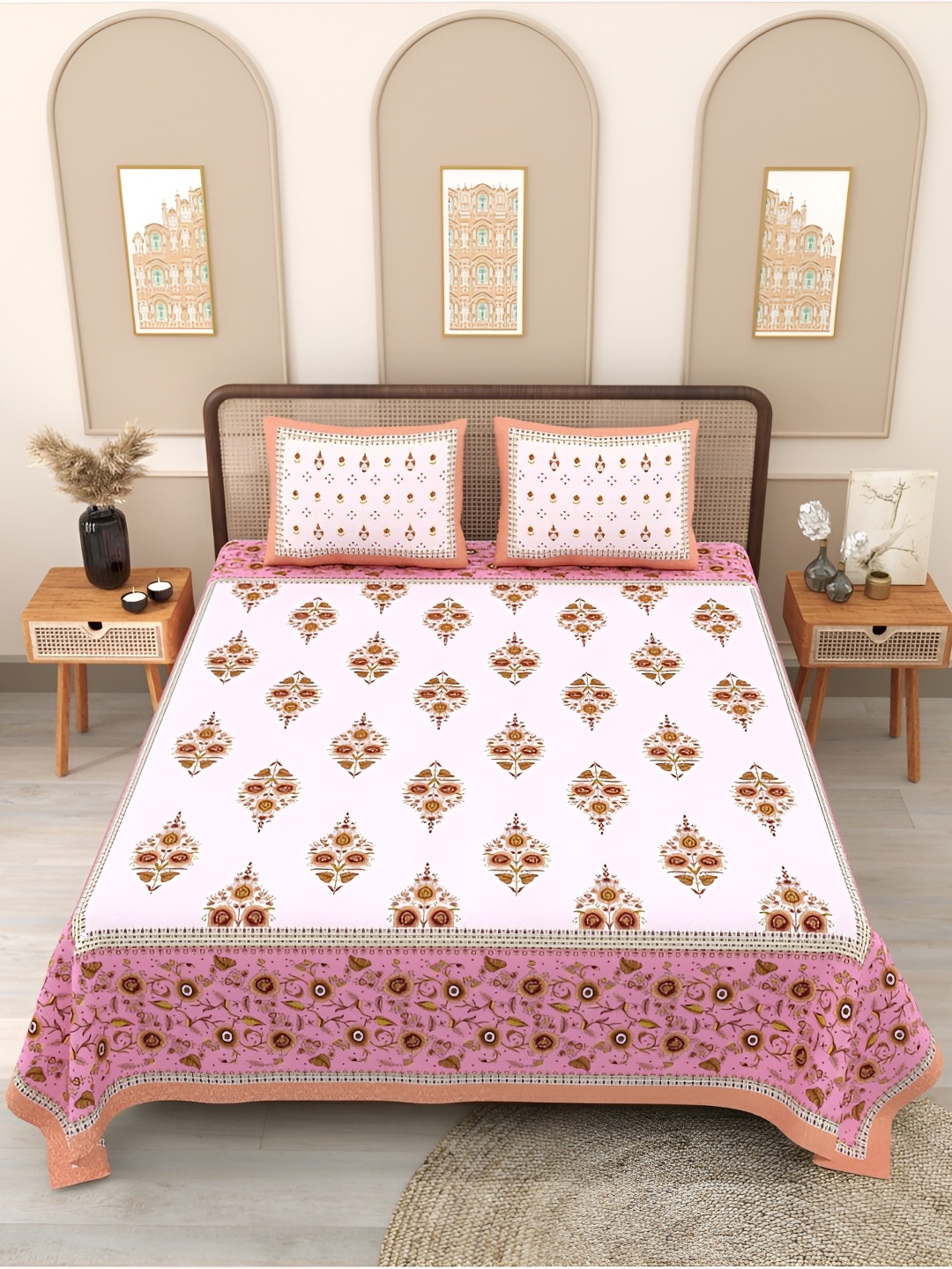 

Block Print Story Phulwari Pink & White Cotton 210 TC Queen Bedsheet with 2 Pillow Covers