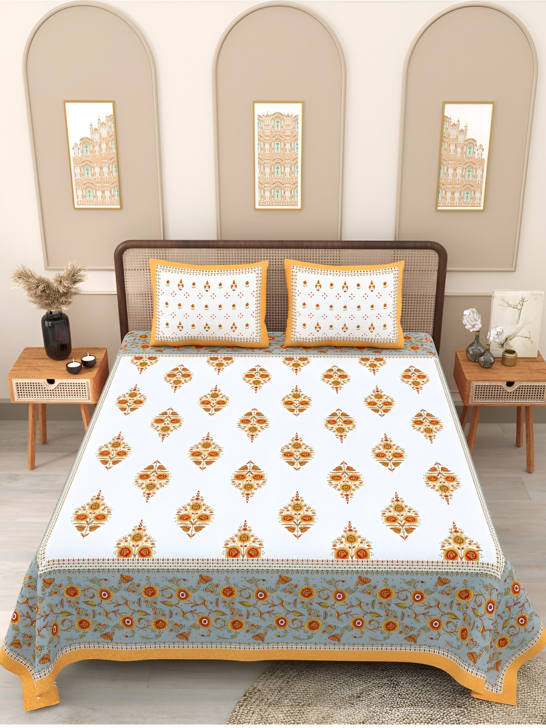 

Block Print Story Phulwari Yellow & White Cotton 210 TC Queen Bedsheet & 2 Pillow Covers