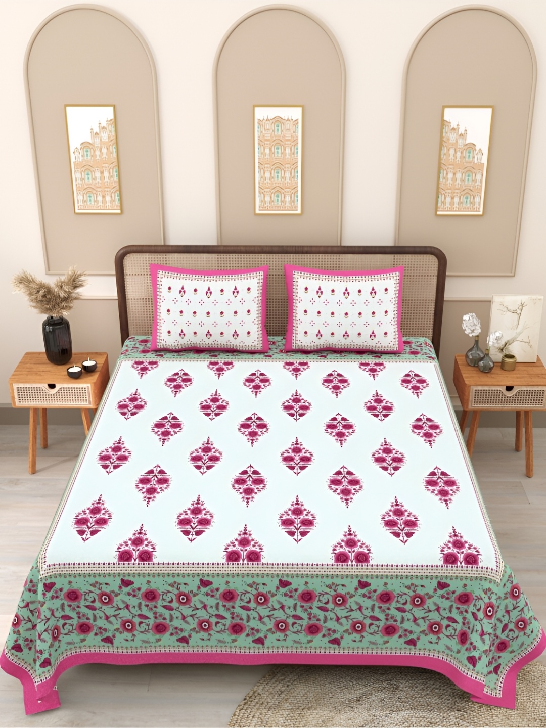 

Block Print Story White & Pink Printed 210 TC Queen Bedsheet