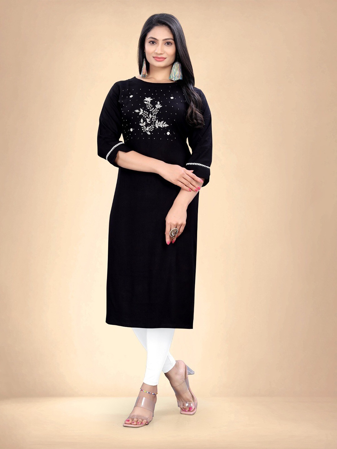 

Abhilasha Floral Yoke Design Round Neck Thread Work Straight Kurta, Black