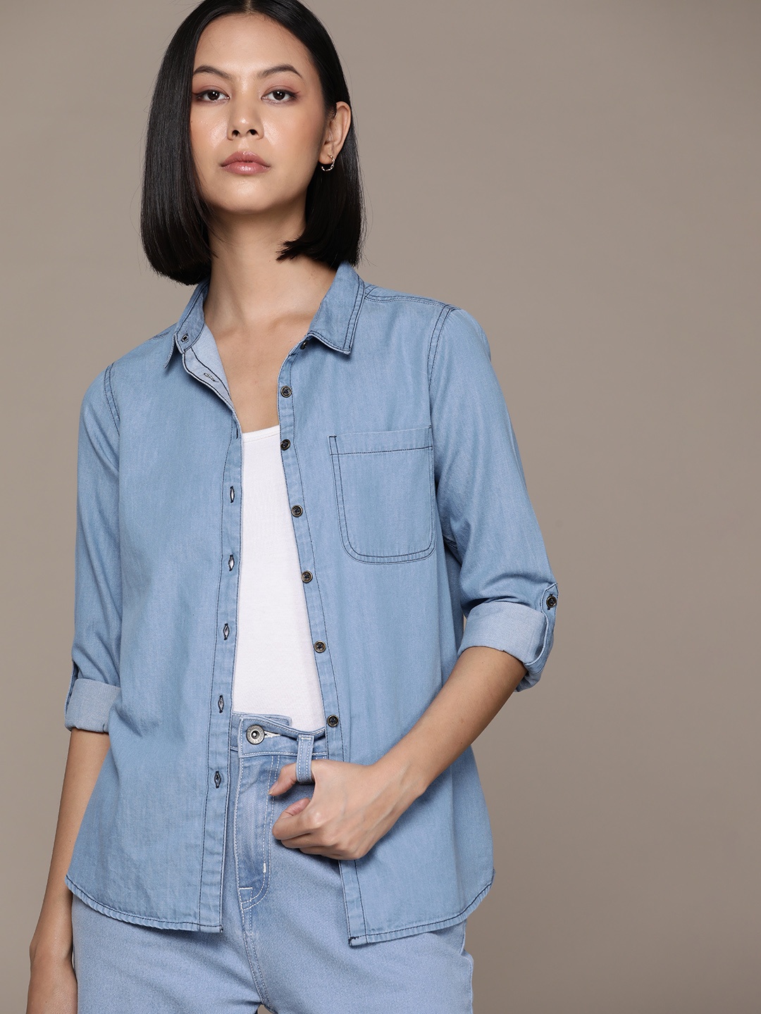 

Roadster Roll-Up Sleeves Pure Cotton Denim Casual Shirt, Blue