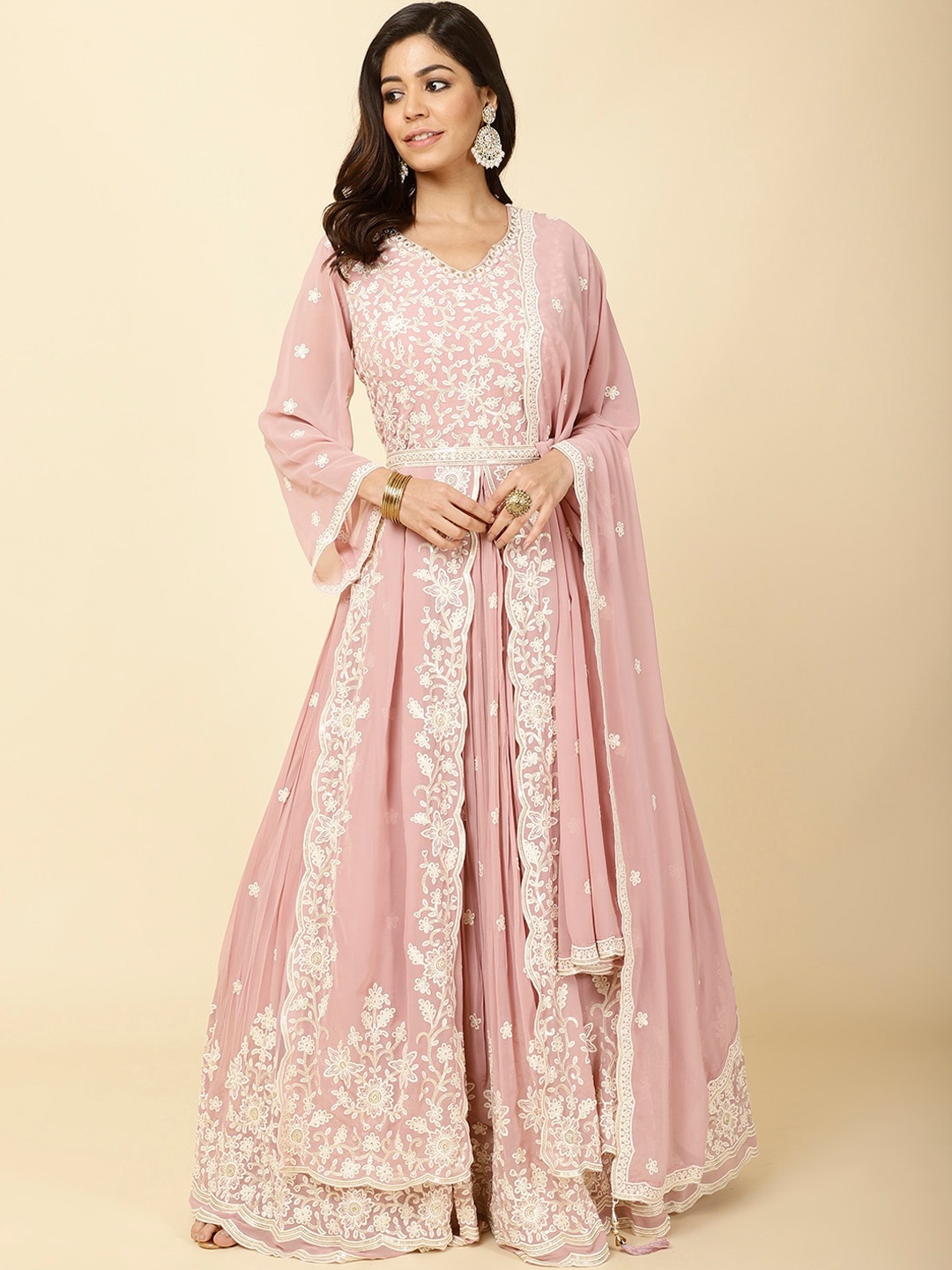 

Meena Bazaar Floral Embroidered Chikankari Georgette Anarkali Kurta, Pink