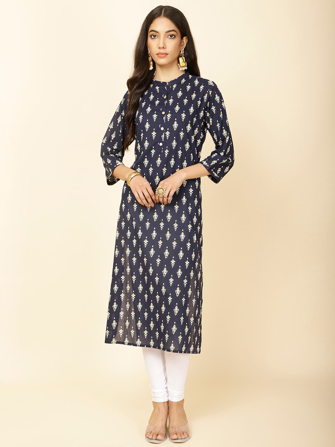 

Meena Bazaar Ethnic Motifs Printed Pure Cotton Kurta, Navy blue