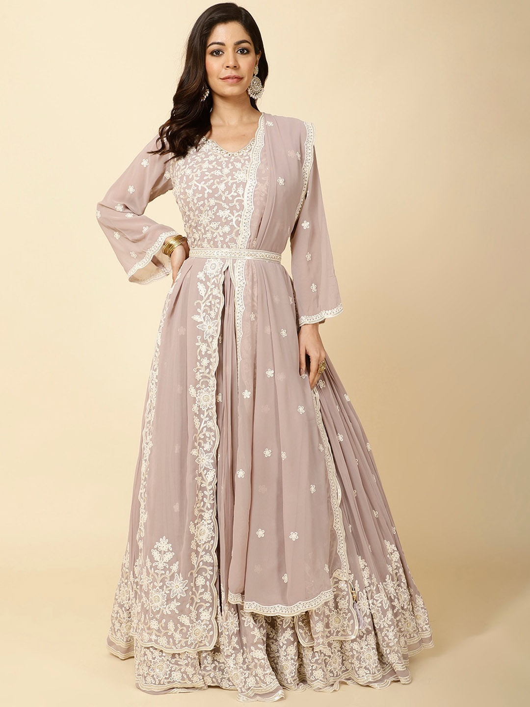 

Meena Bazaar Floral Embroidered Sequinned Georgette Maxi Ethnic Dress With Dupatta, Grey
