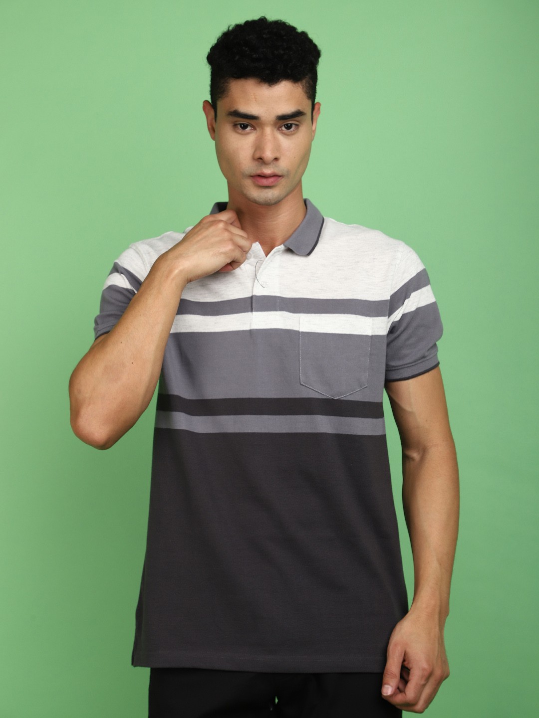 

V-Mart Striped Polo Collar T-shirt, Grey