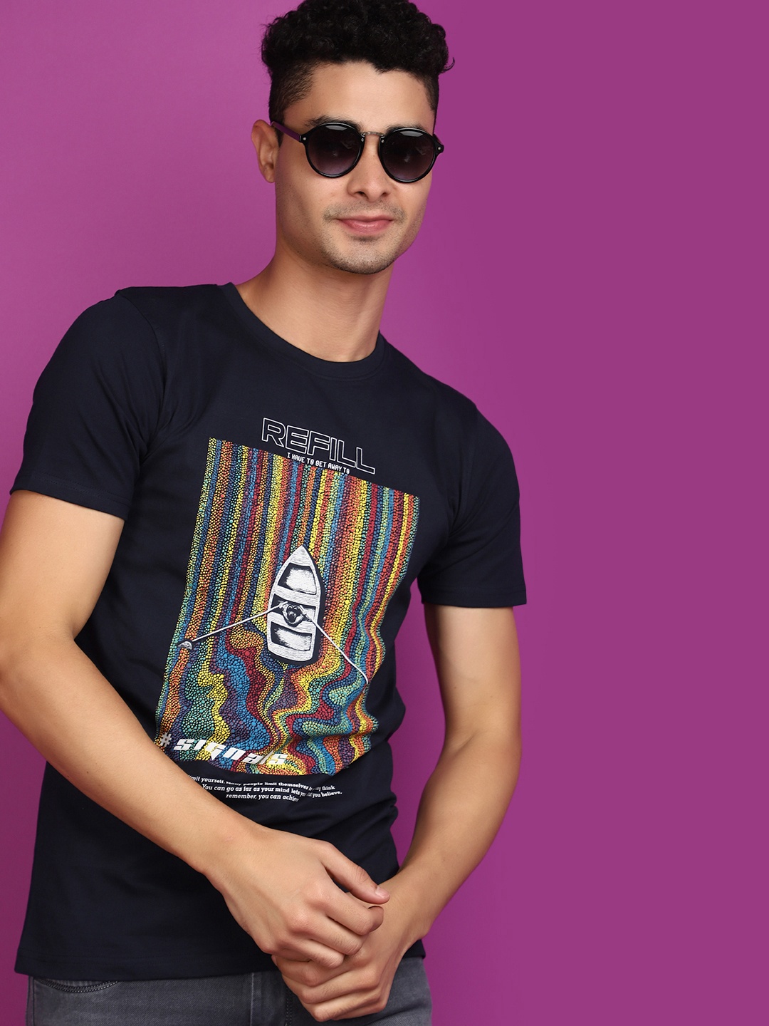 

V-Mart Graphic Printed Slim Fit Cotton T-shirt, Navy blue