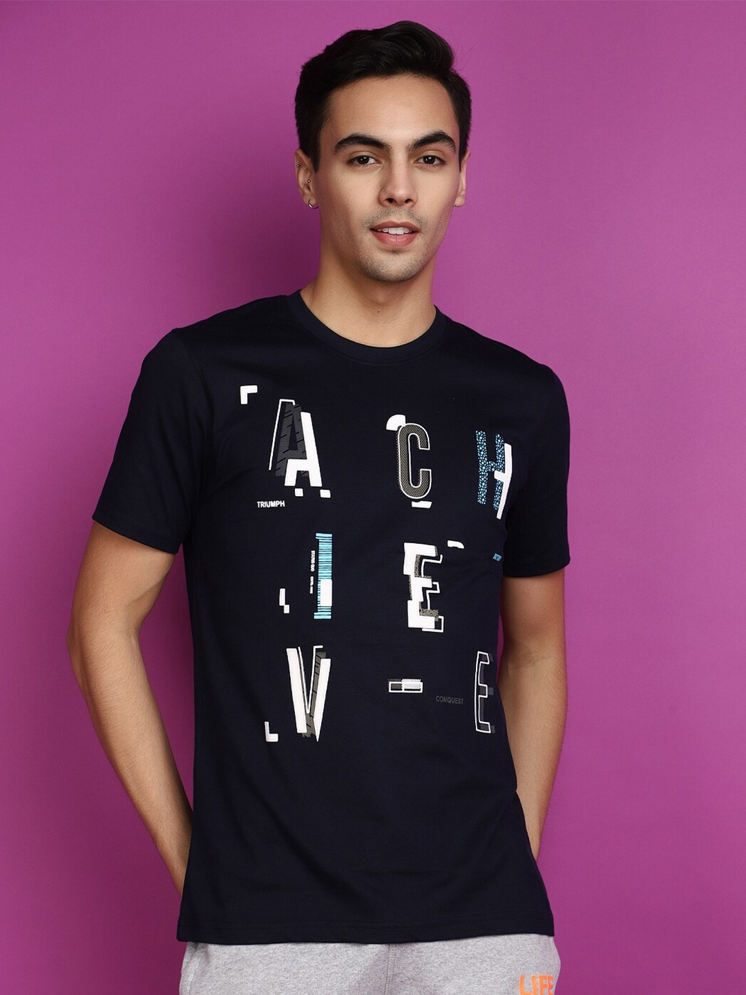 

V-Mart Round Neck Short Sleeves Printed Slim Fit Cotton T-shirt, Blue