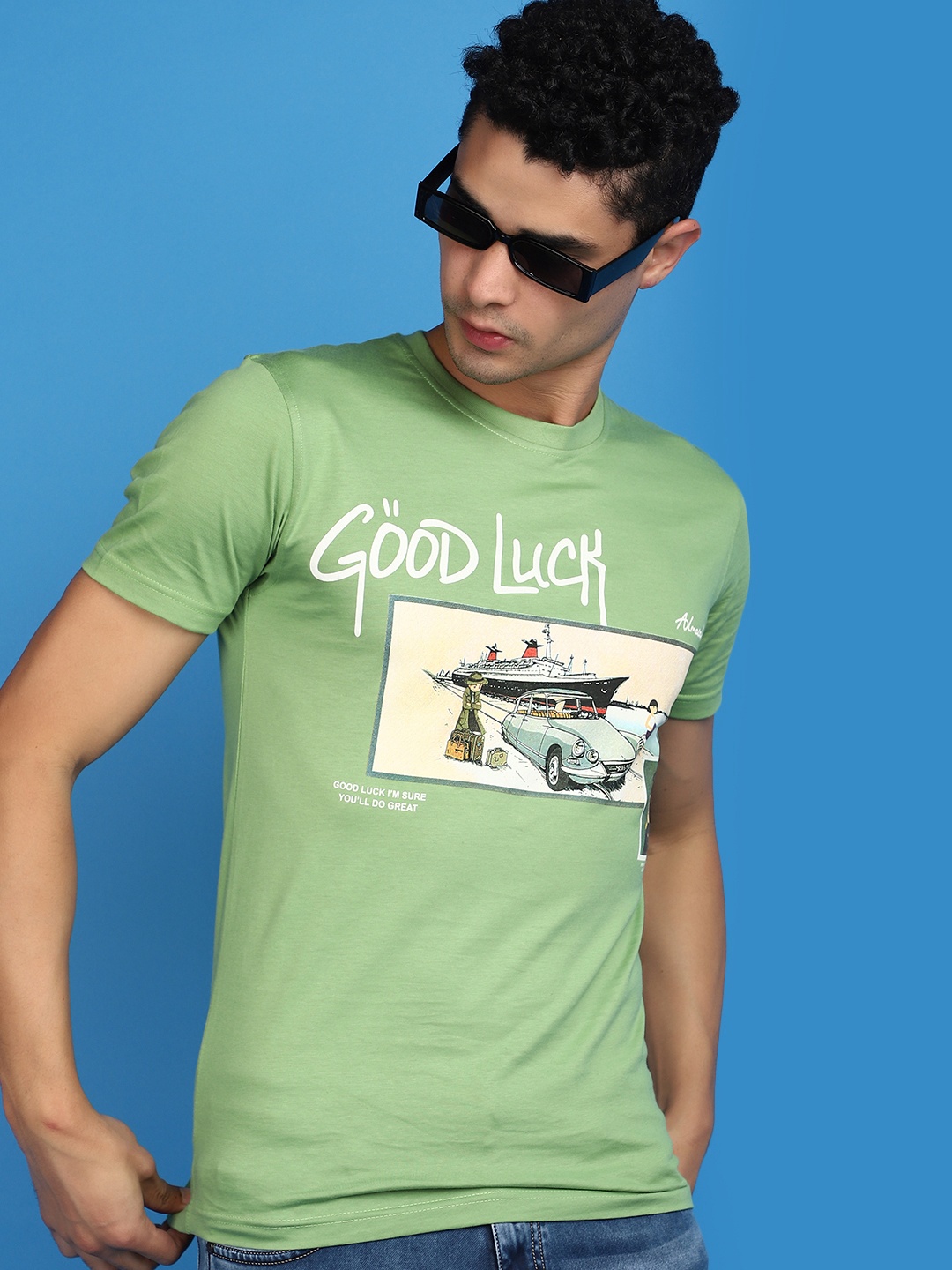

V-Mart Typography Printed Slim Fit Cotton T-shirt, Green