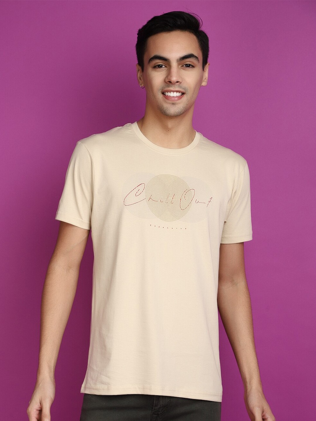 

V-Mart Round Neck Short Sleeves Printed Slim Fit Cotton T-shirt, Beige