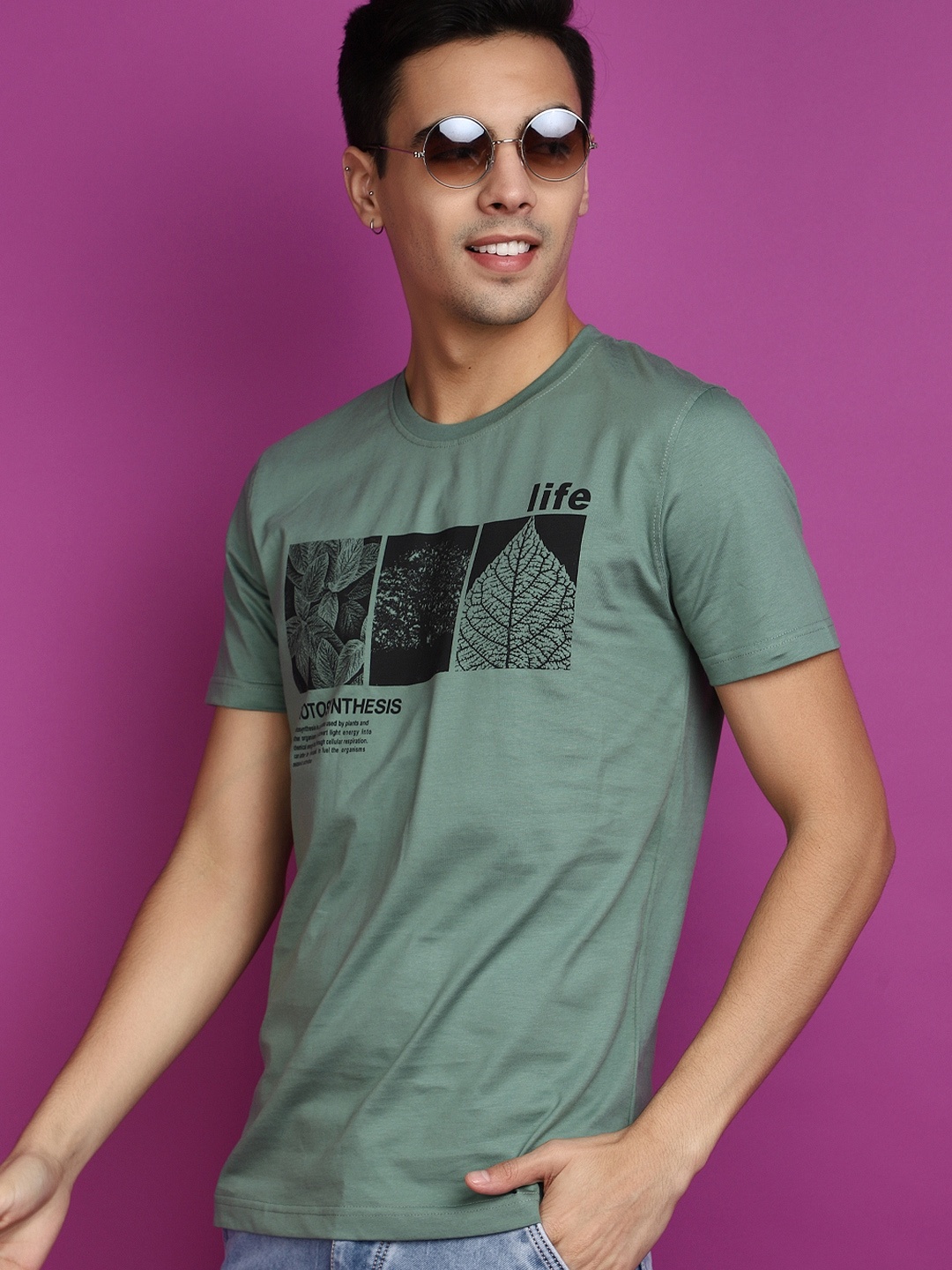

V-Mart Floral Printed Round Neck Short Sleeves Cotton Slim Fit T-shirt, Green