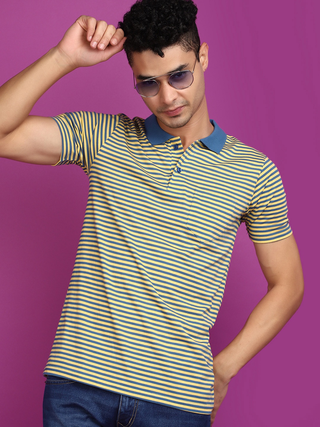 

V-Mart Striped Printed Polo Collar Short Sleeves Slim Fit T-shirt, Blue
