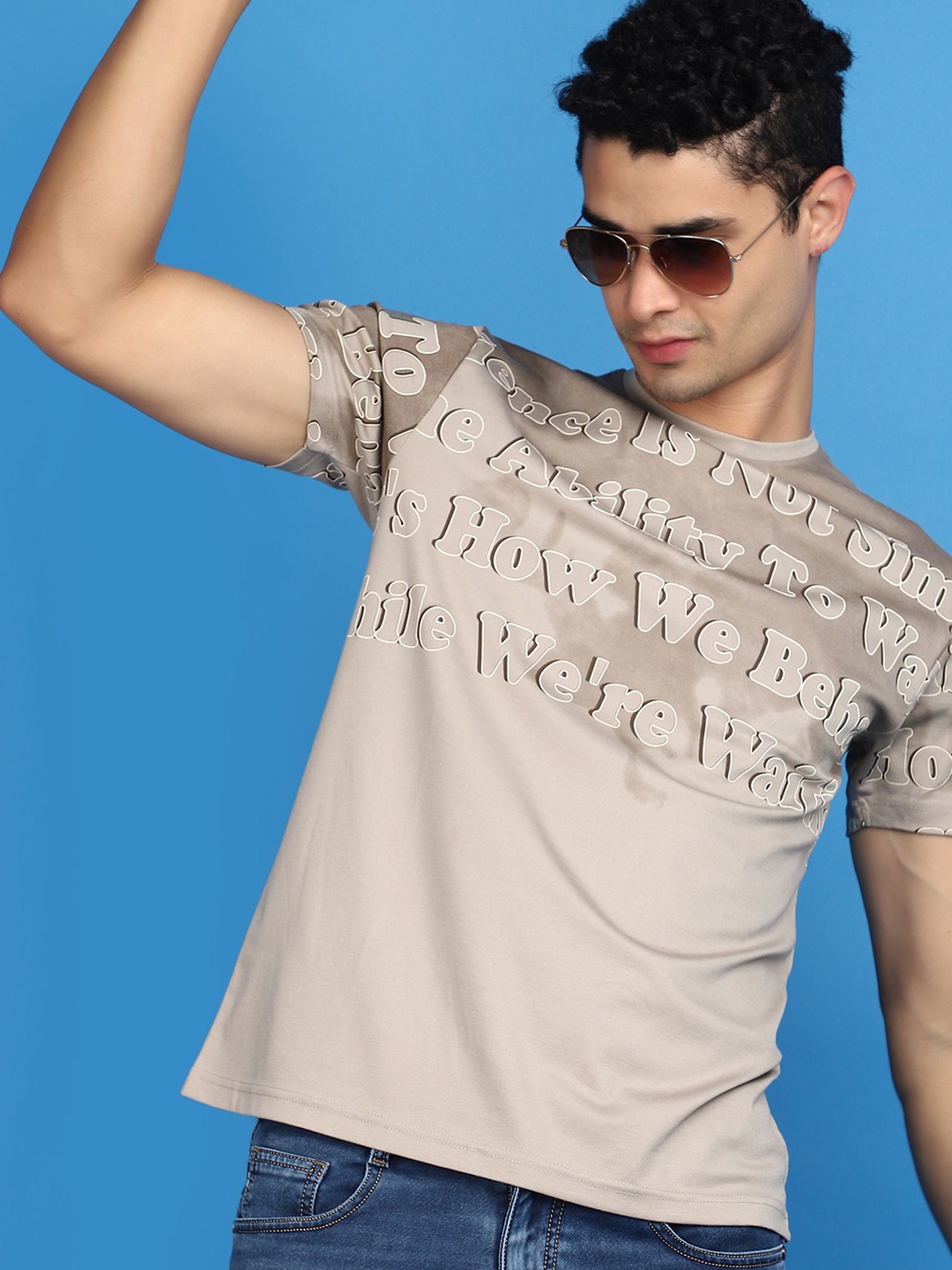 V-Mart Typography Printed Pure Cotton T-shirt, Beige