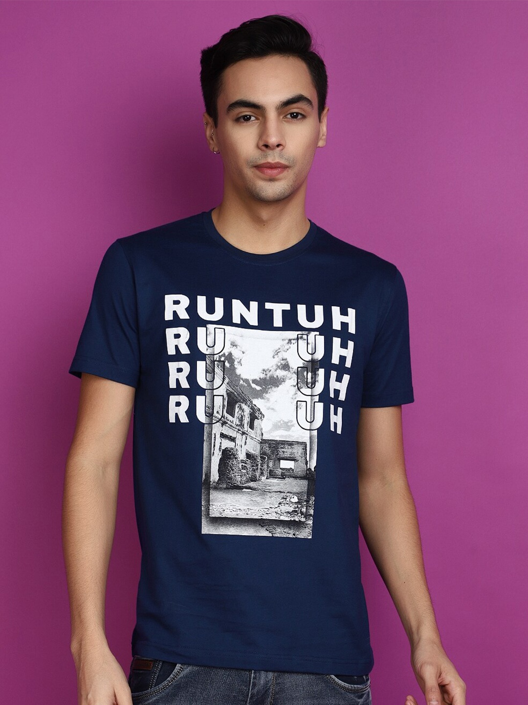 

V-Mart Typography Printed Slim Fit Cotton T-shirt, Navy blue