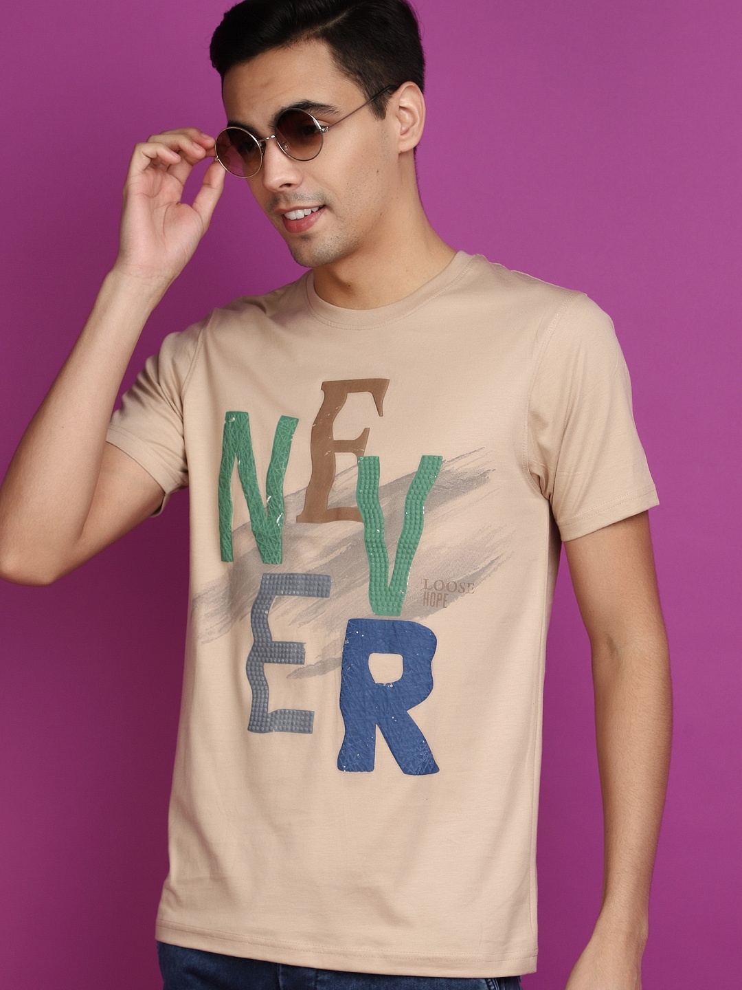 

V-Mart Typography Printed Round Neck Short Sleeves Cotton Slim Fit T-shirt, Beige