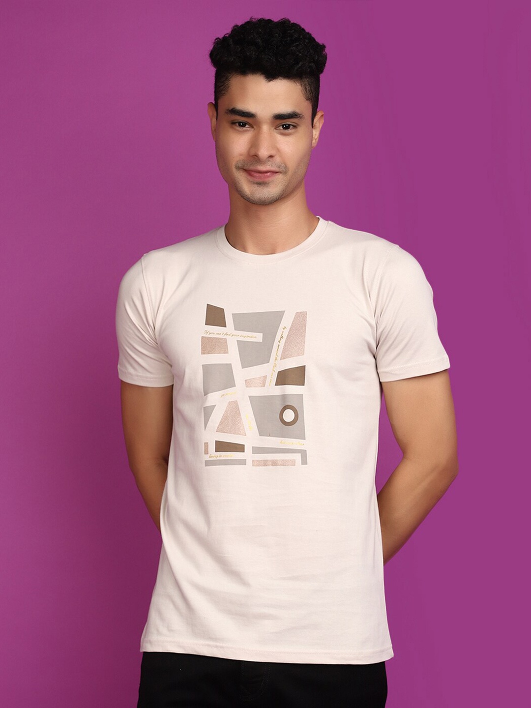 

V-Mart Geometric Printed Cotton Slim Fit T-shirt, Beige