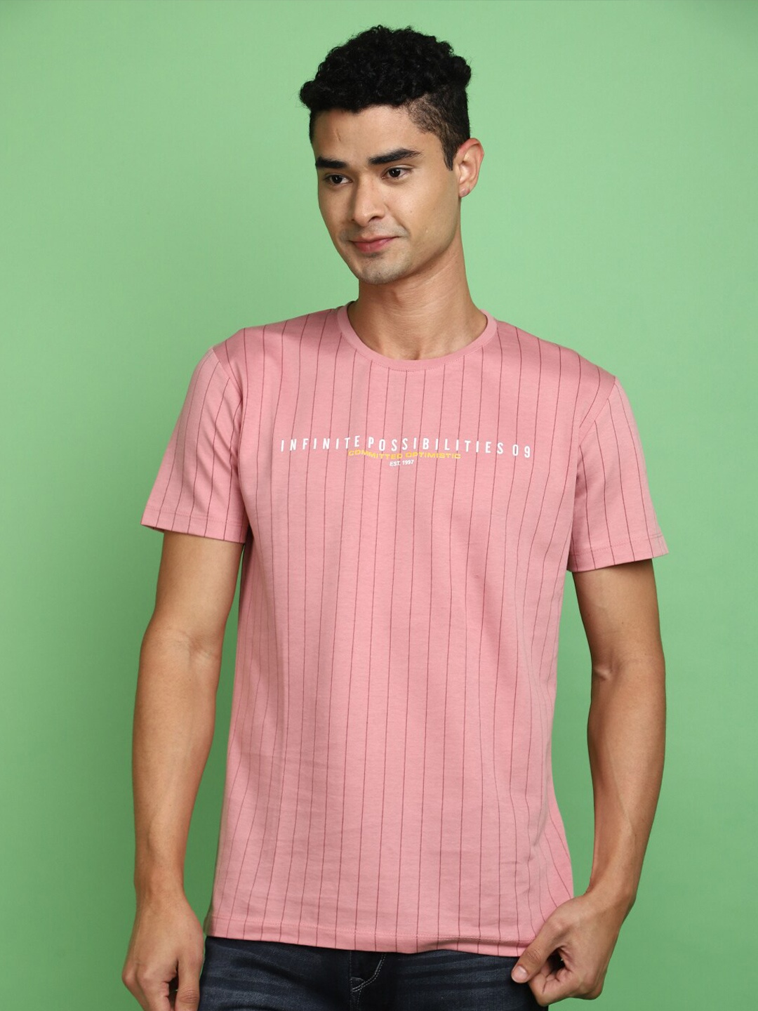 V-Mart Typography Printed Round Neck T-shirt, Pink