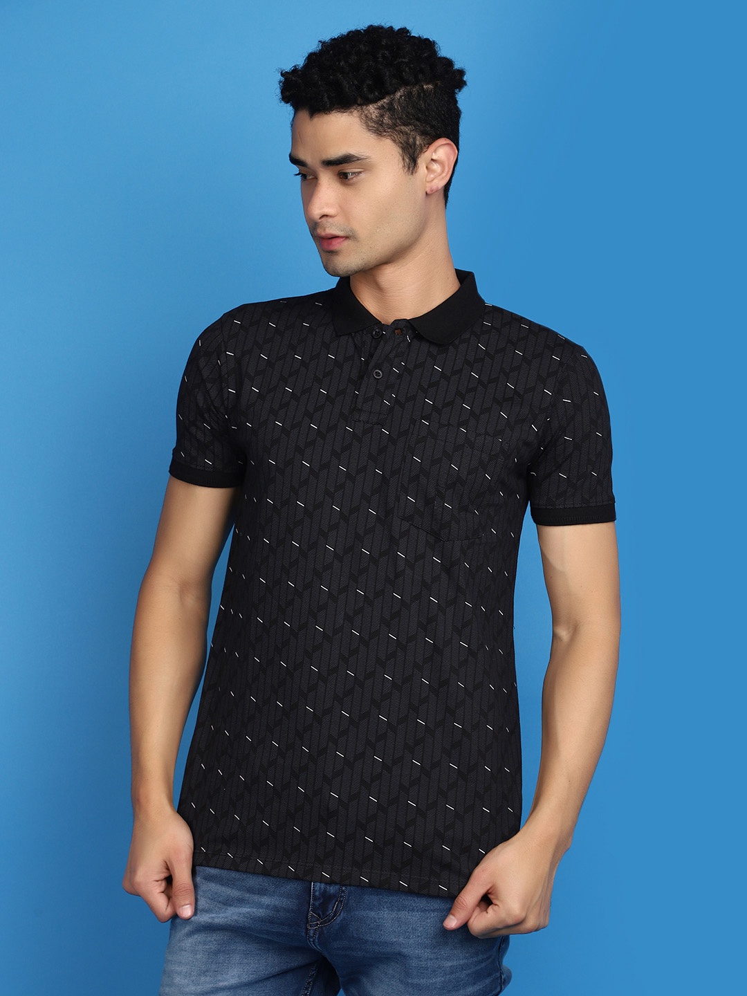 

V-Mart Geometric Printed Polo Collar Short Sleeves T-shirt, Black