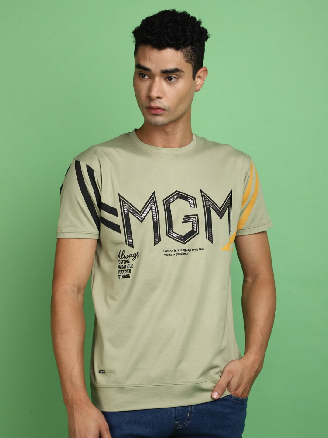 

V-Mart Typography Printed Round Neck Cotton T-shirt, Green