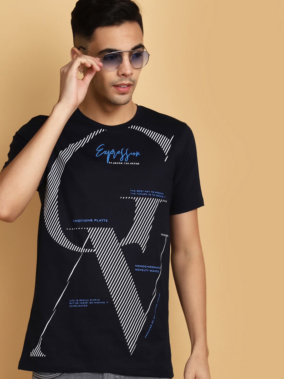 V-Mart Printed Round Neck Cotton T-shirt, Blue