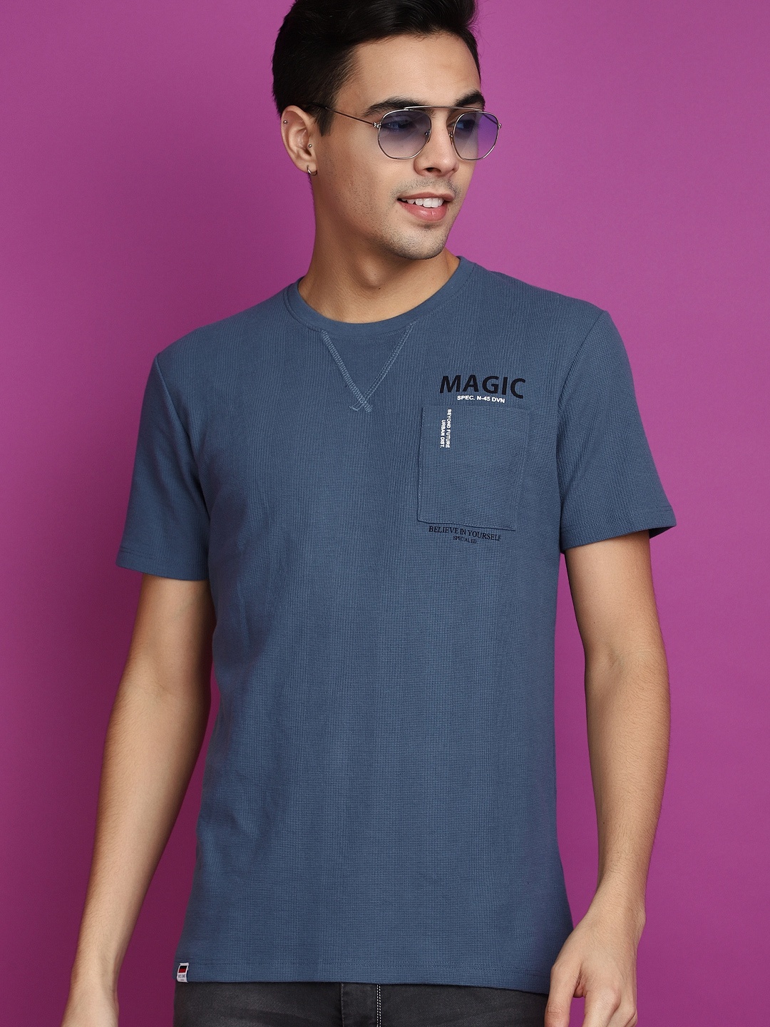 

V-Mart Self Design Round Neck Short Sleeves Cotton T-shirt, Blue