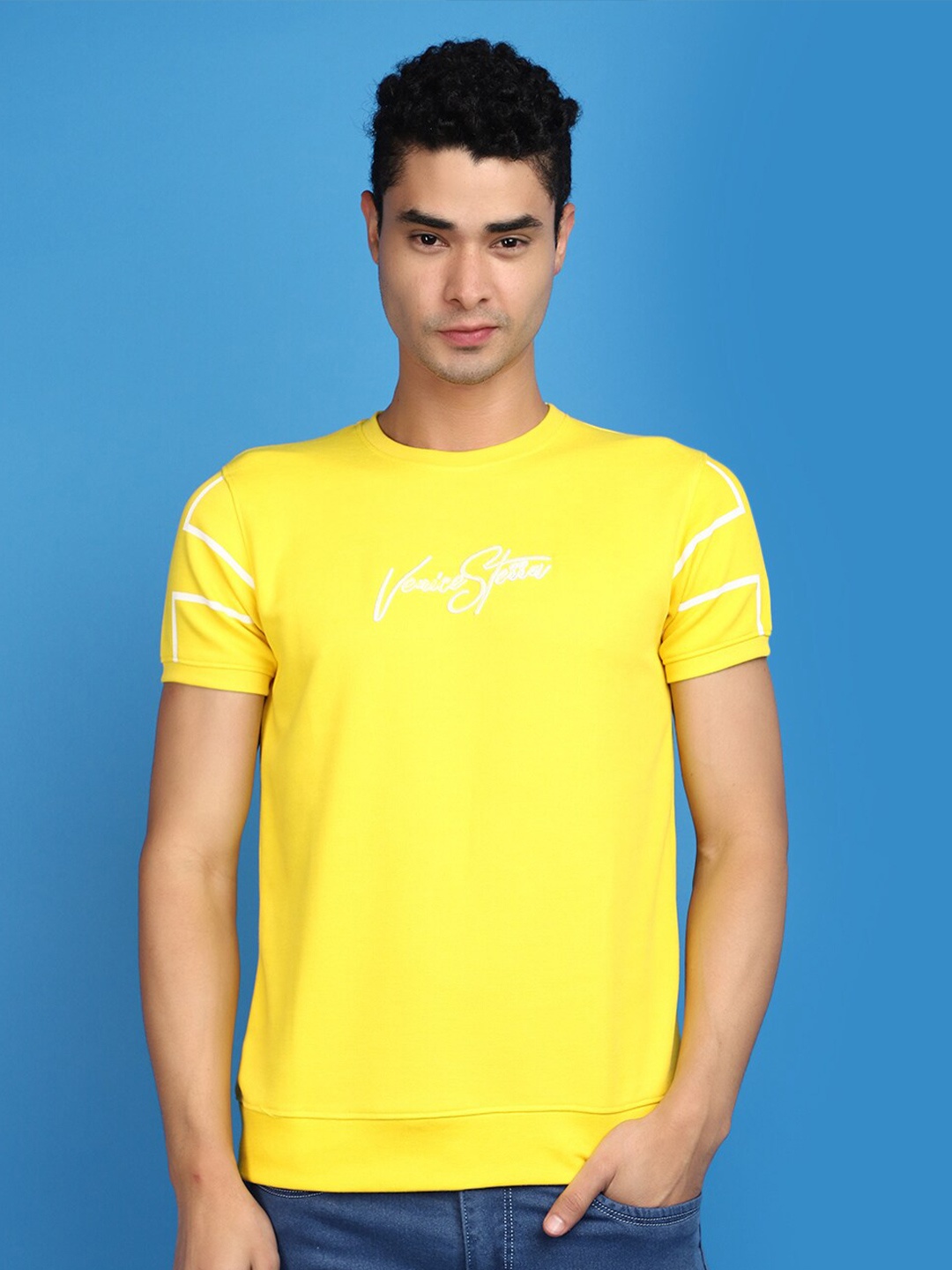 

V-Mart Typography Printed Slim Fit Cotton T-shirt, Yellow