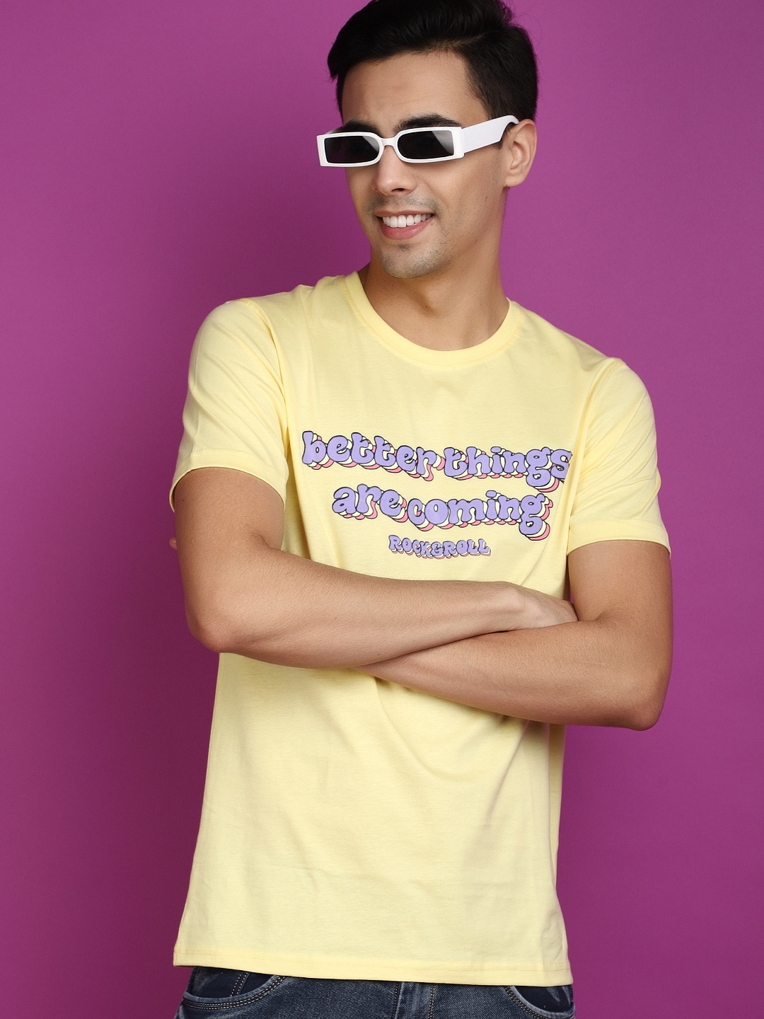 V-Mart Typography Printed Slim Fit Cotton T-shirt, Yellow
