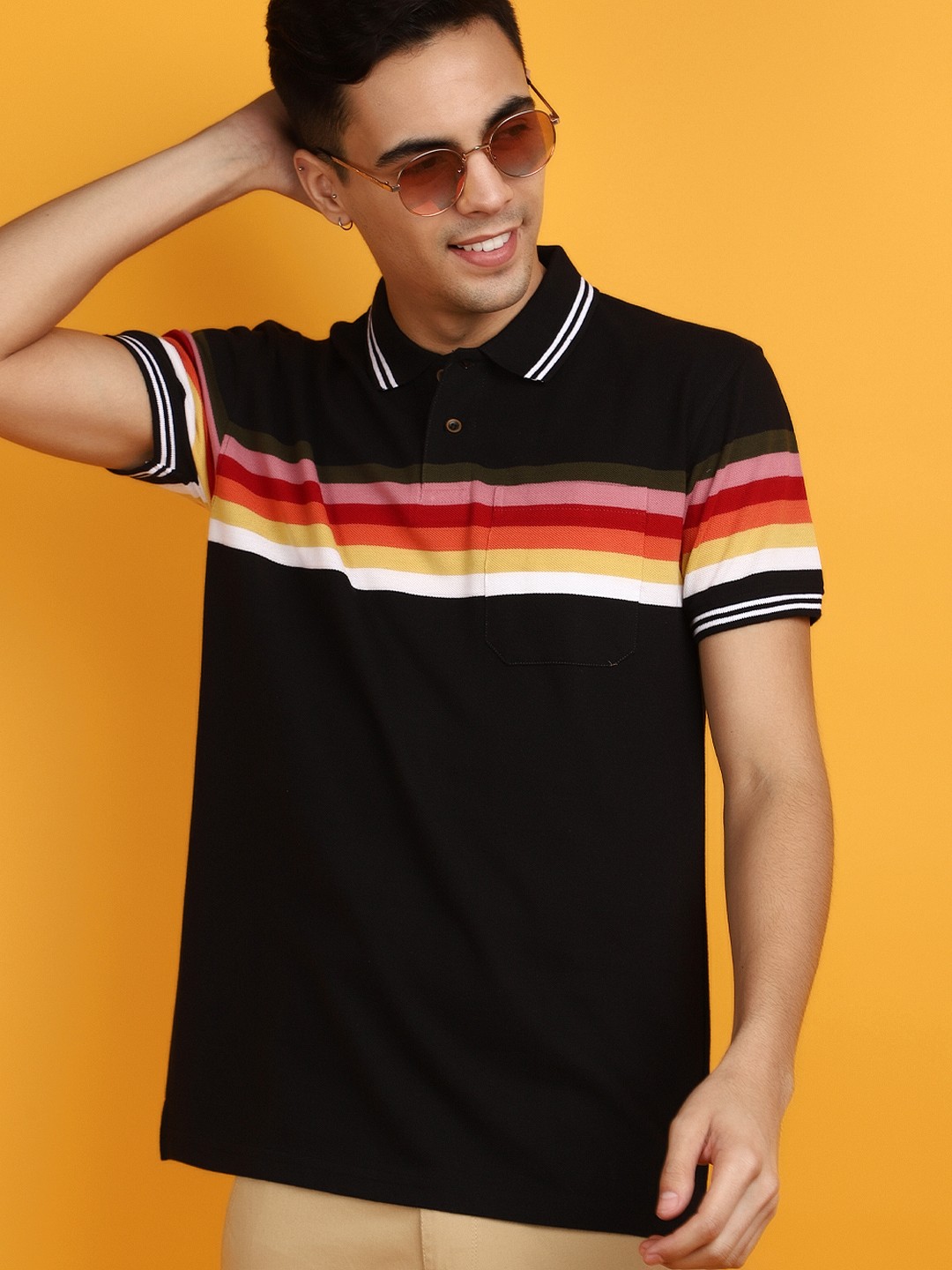 

V-Mart Striped Polo Collar Cotton T-Shirt, Black