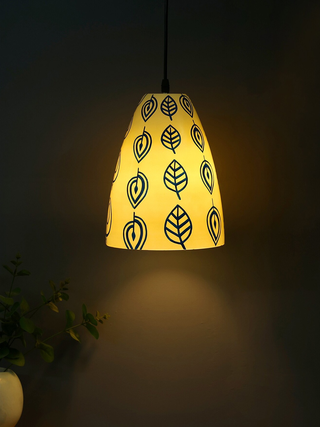 

POSH-N-PLUSH White & Blue Modern Glass Hand Painted Hanging Lamp