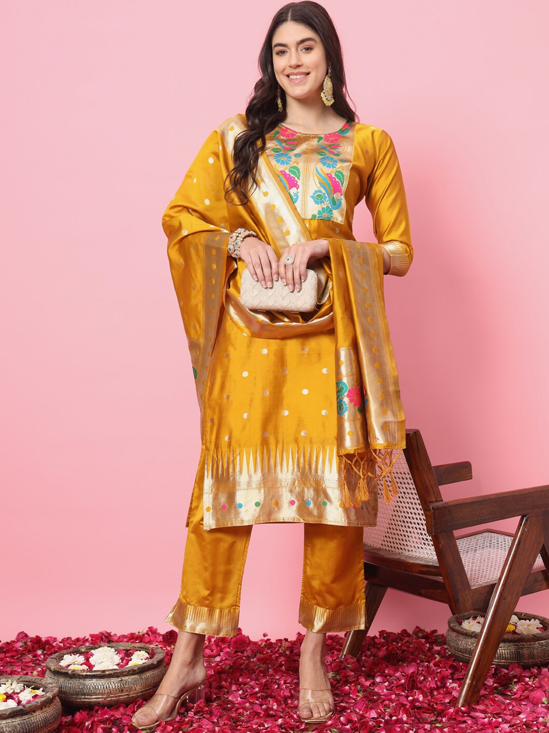 

VredeVogel Floral Woven Design Straight Kurta With Trousers & Dupatta, Yellow