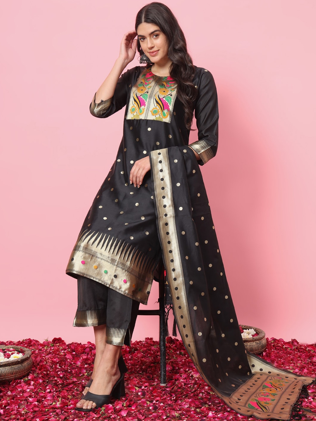 

VredeVogel Ethnic Motifs Woven Design Zari Cotton Silk Kurta With Trousers & Dupatta, Black