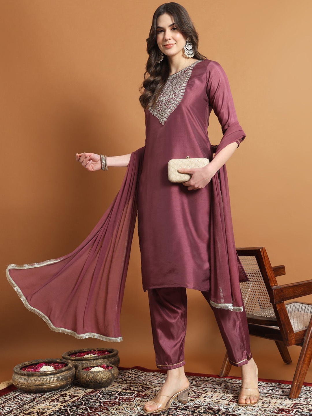 

VredeVogel Ethnic Motifs Yoke Design Thread Work Straight Kurta With Trousers & Dupatta, Magenta