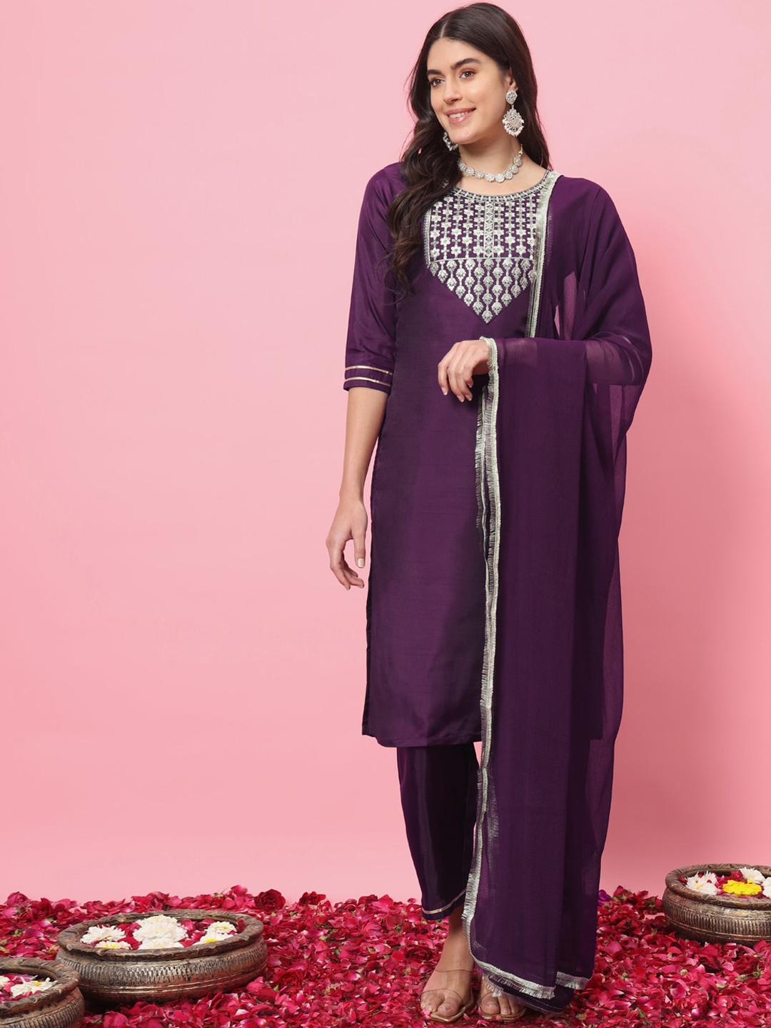 

VredeVogel Floral Embroidered Straight Kurta with Trousers & With Dupatta, Purple