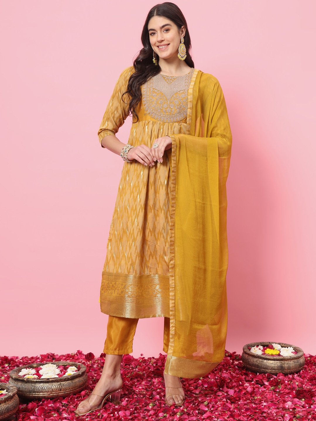 

VredeVogel Ethnic Motifs Woven Design Empire Thread Work Kurta With Trousers & Dupatta, Mustard