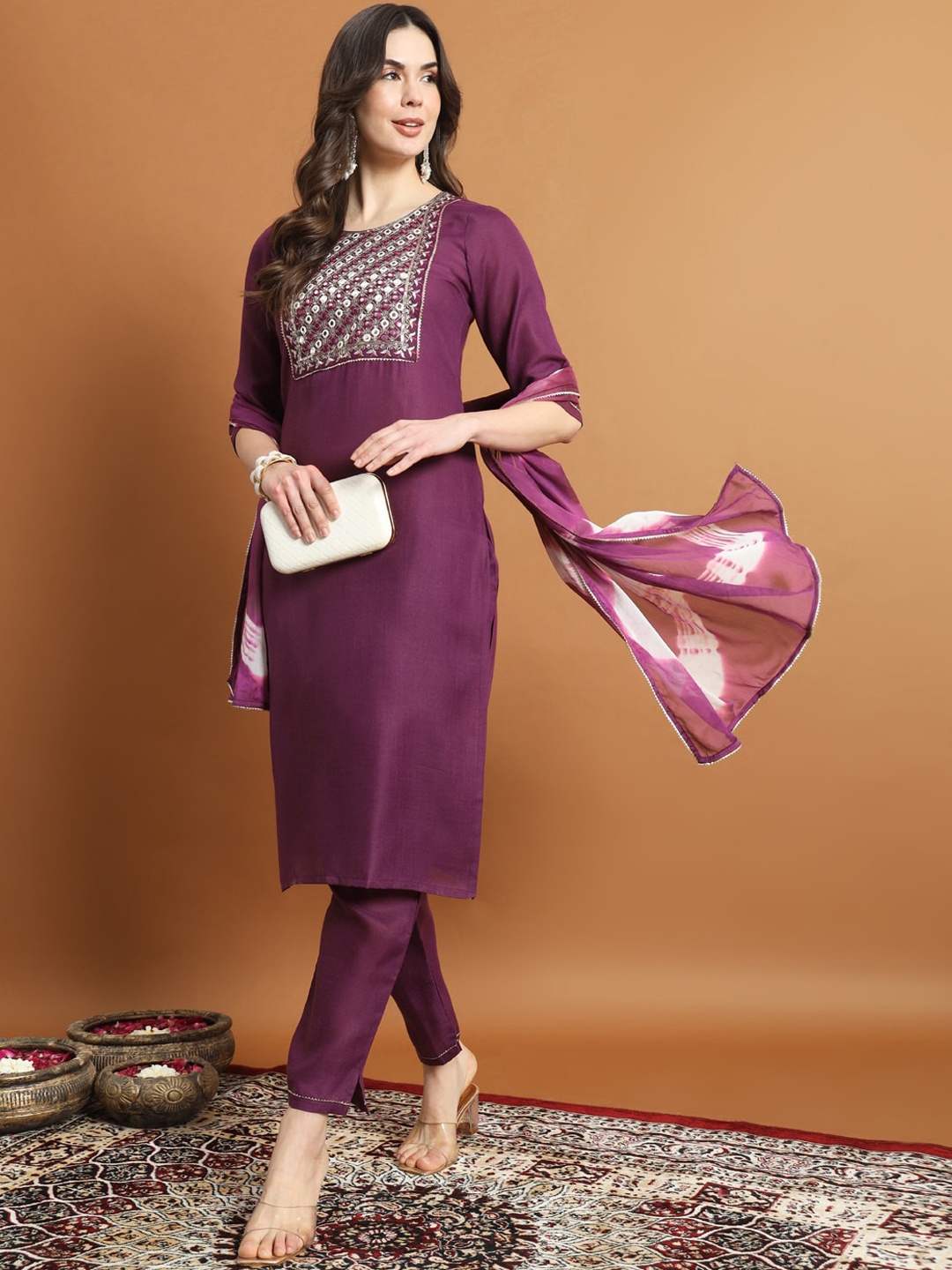 

VredeVogel Geometric Yoke Design Mirror Work Straight Kurta With Trousers & Dupatta, Purple