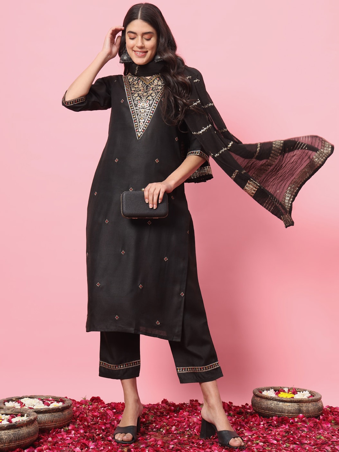 

VredeVogel Floral Embroidered Sequinned Kurta With Trousers & Dupatta, Black