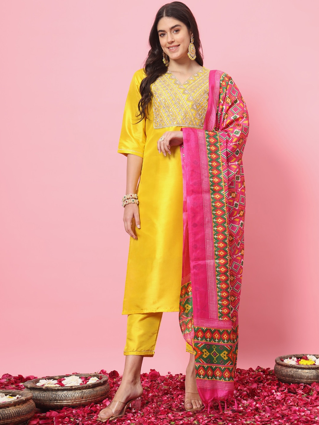 

VredeVogel Floral Embroidered Thread Work Straight Kurta With Trousers & Dupatta, Yellow