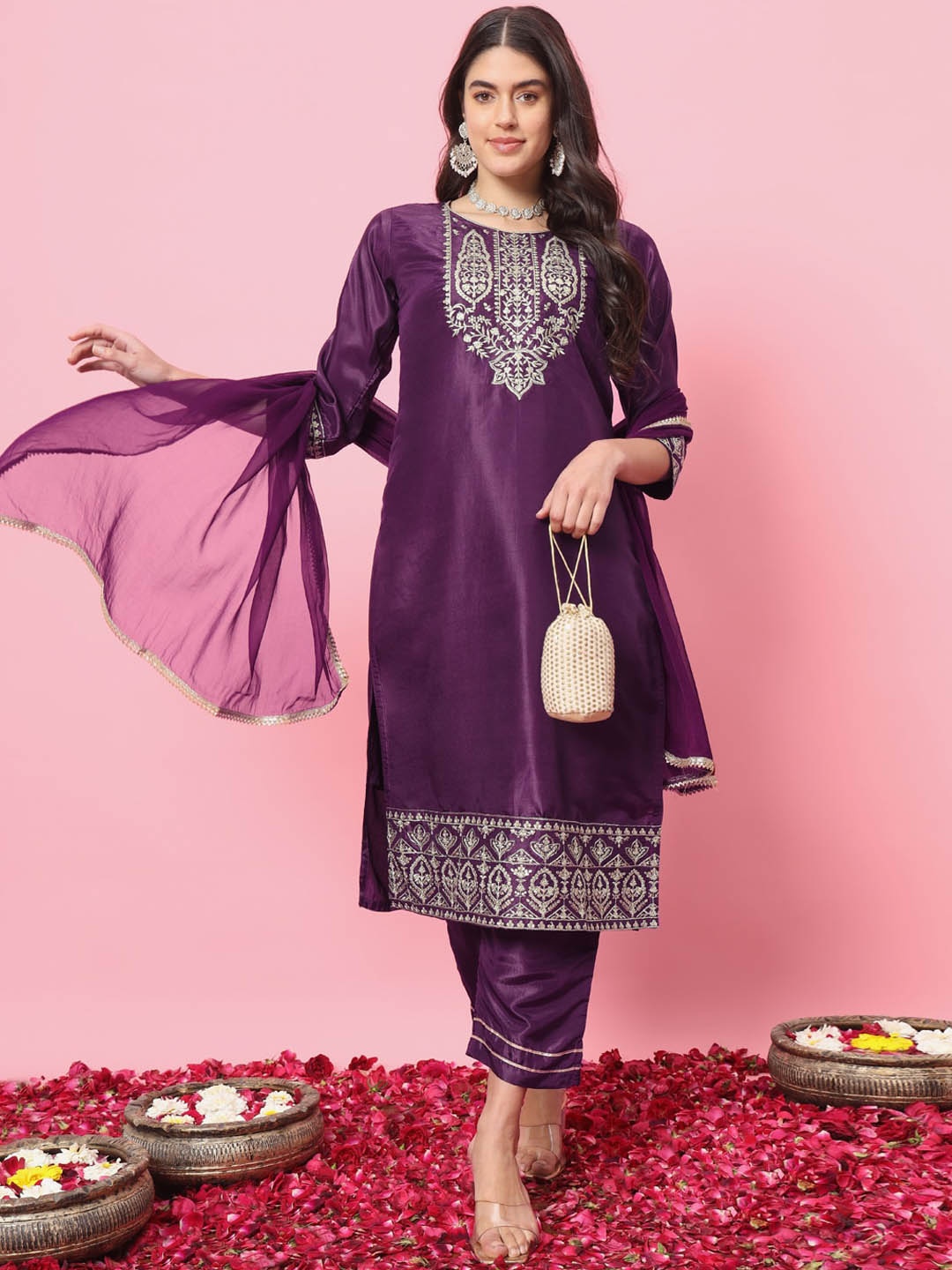 

VredeVogel Floral Embroidered Straight Kurta with Trousers & With Dupatta, Purple