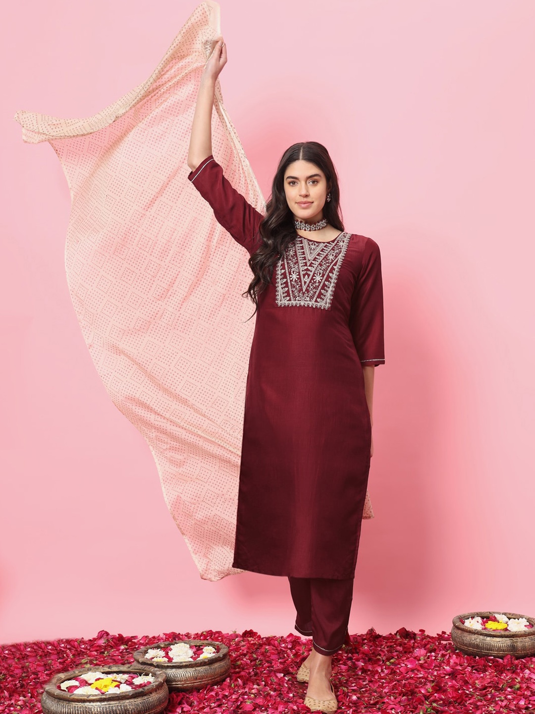 

VredeVogel Ethnic Motifs Yoke Design Thread Work Kurta With Trousers & Dupatta, Maroon