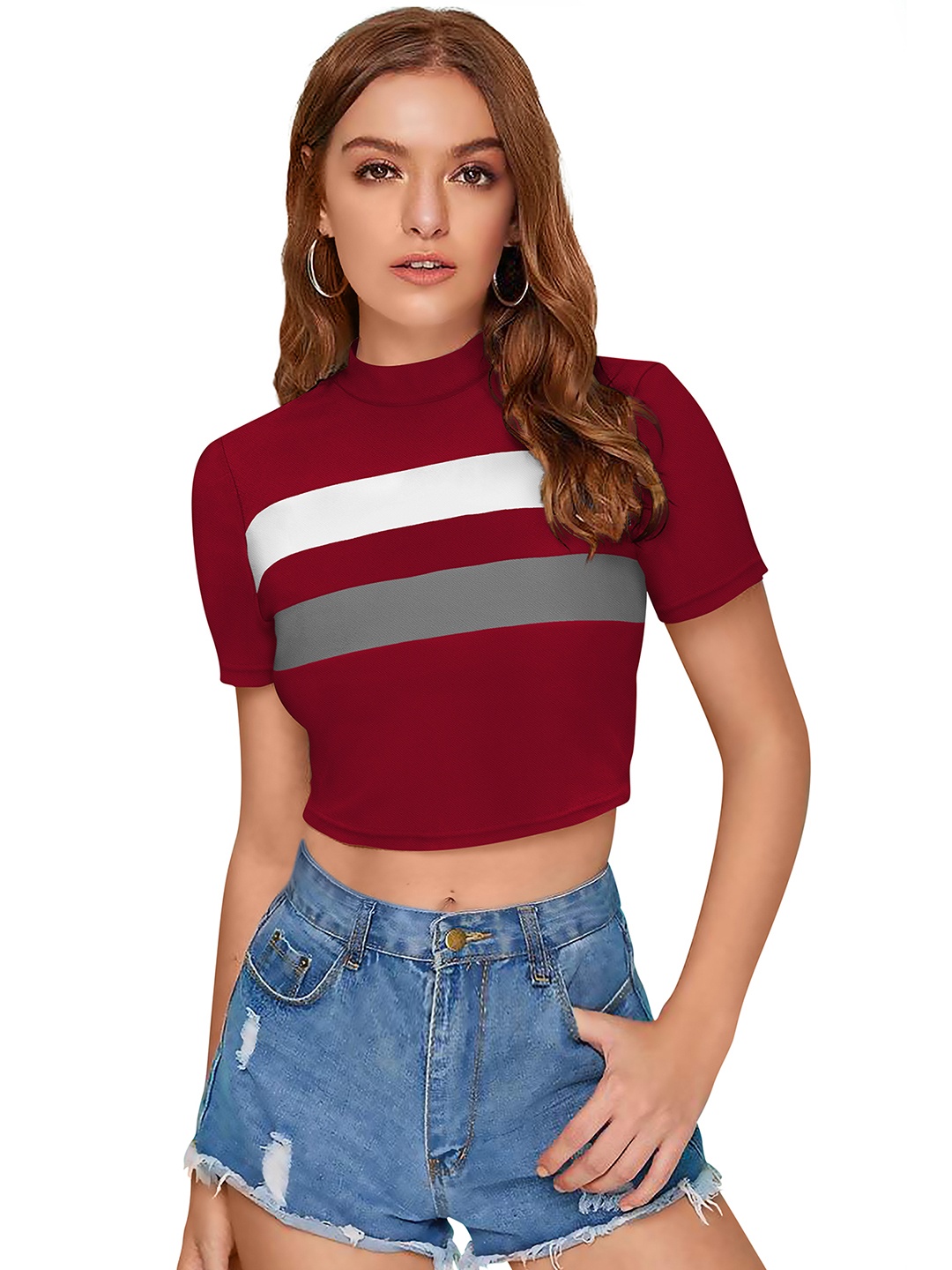 

Sanwariya Silk Horizontal Striped High Neck Crop Fitted Top, Red